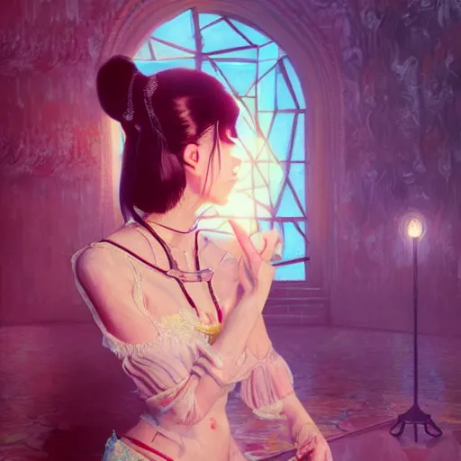 Prompt: feminine nicolas cage in seductive clothing by ross tran, walking in a castle painted by sana takeda, rtx reflections, very high intricate details, painting by van gogh, digital anime art, medium shot, mid - shot, composition by ilya kuvshinov, lighting by greg rutkowski