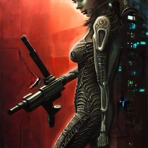 Image similar to a highly detailed long shot photo of cyberpunk female character by ayami kojima, elf, beksinski, giger, elf, wielding rifle, intricate, digital painting, artstation, concept art, smooth, sharp focus