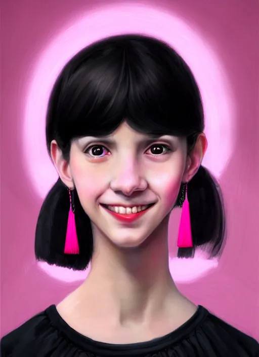 Image similar to portrait of high school girl, realistic, black hair, bangs, half updo hairstyle, pointy nose, skinny, smile, ugly, defined jawline, big chin, pink hair bow, earrings, intricate, elegant, glowing lights, highly detailed, digital painting, artstation, sharp focus, illustration, art by wlop, mars ravelo and greg rutkowski