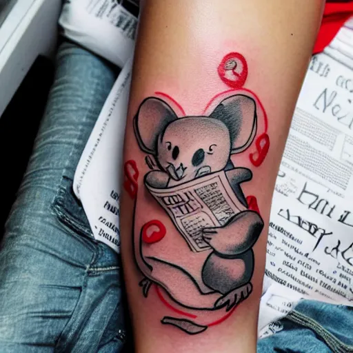 Image similar to tatoo on girl's leg with cute rat reading newspaper