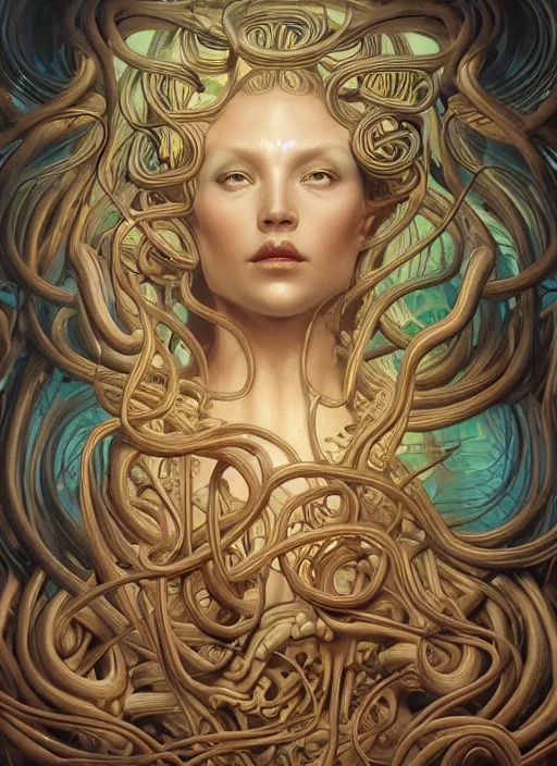Prompt: medusa, wooden art nouveau swirls, strong subsurface scattering, cables, biomechanical, in the style of james jean and tomasz alen kopera, mystical colors, rim light, soft lighting, 8 k, stunning scene, raytracing, octane render, trending on artstation