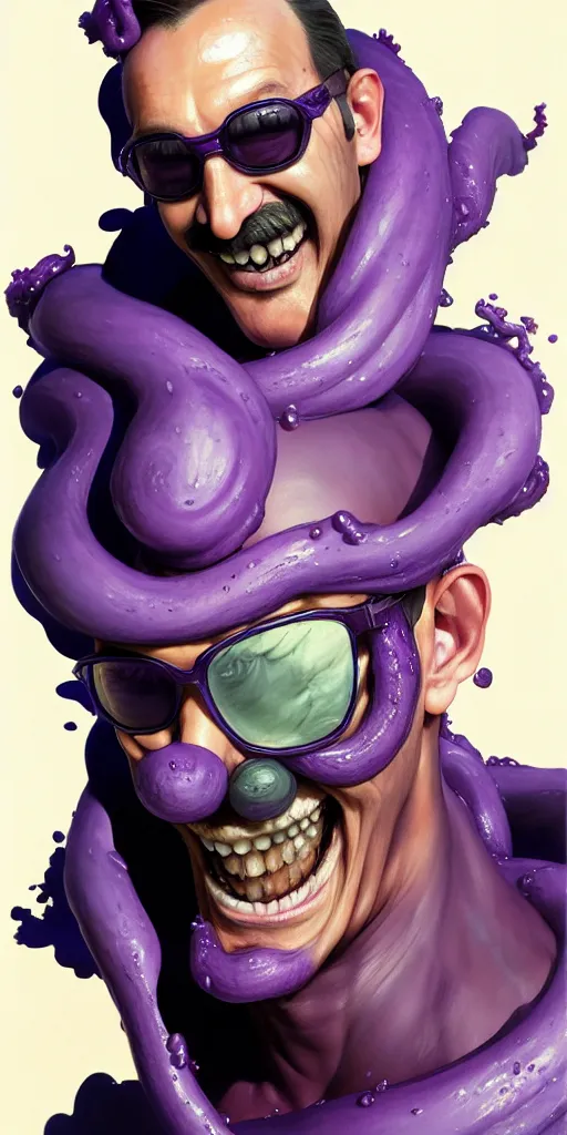 Image similar to Extremely Detailed and Full Portrait scene of Gooey Ocean scene in ink and refined sand, Waluigi with shades on face. wearing a purple dress full body smiling by Akihito Yoshitomi AND Yoji Shinkawa AND Greg Rutkowski, Mark Arian trending on artstation