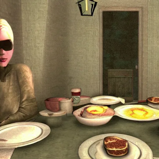 Prompt: a still of breakfast at tiffany's, 2 0 0 3 silent hill 3 graphics ps 2 visuals aesthetic