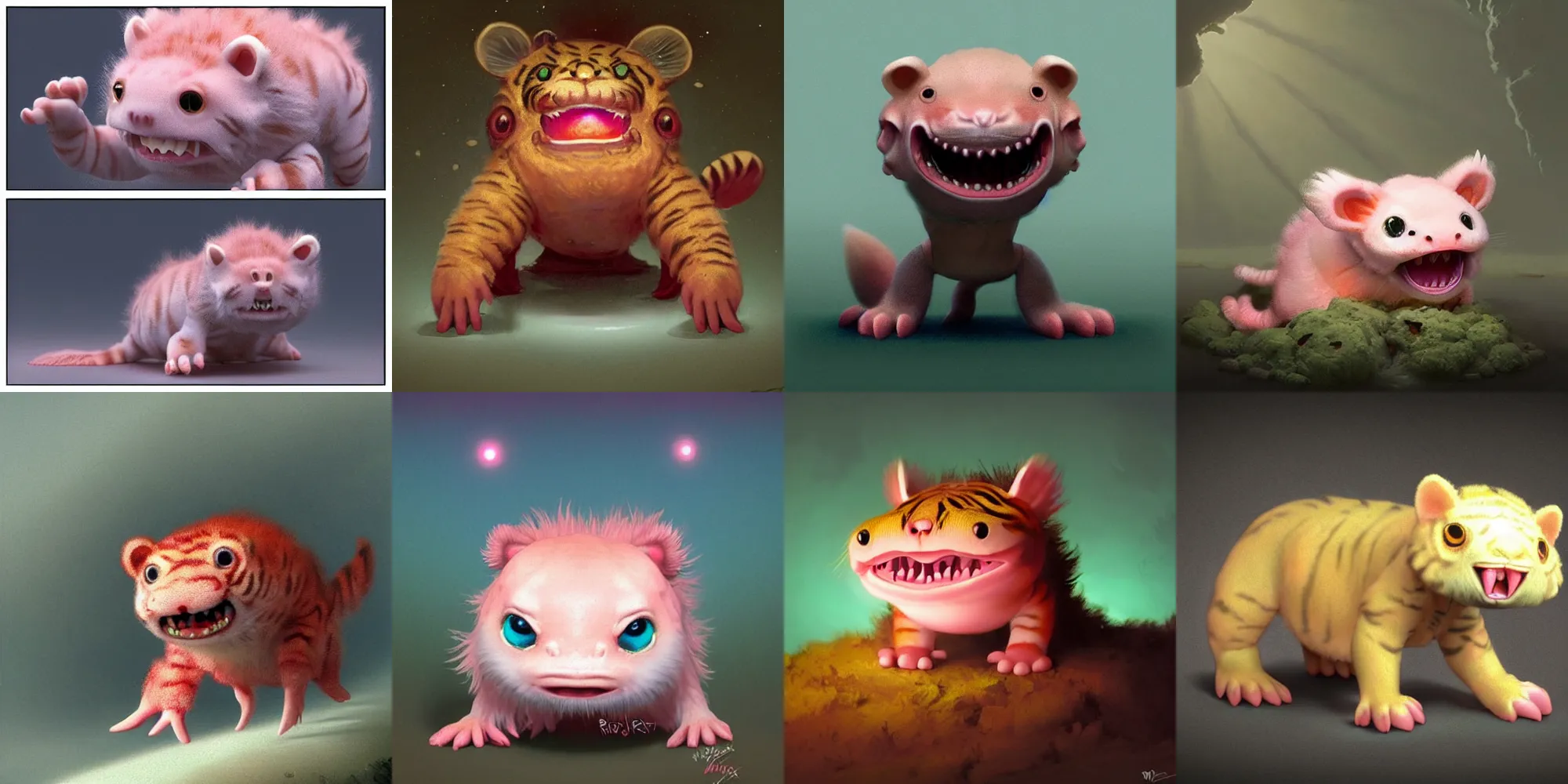 Prompt: cute! fluffy baby tiger axolotl, fury, SSS, wrinkles, grin, rimlight, dancing, fighting, bioluminescent screaming pictoplasma characterdesign toydesign toy monster creature, artstation, cg society, by greg rutkowski, by William-Adolphe Bouguereau, by zdzisław beksiński, by Peter mohrbacher, by nate hallinan, 8k