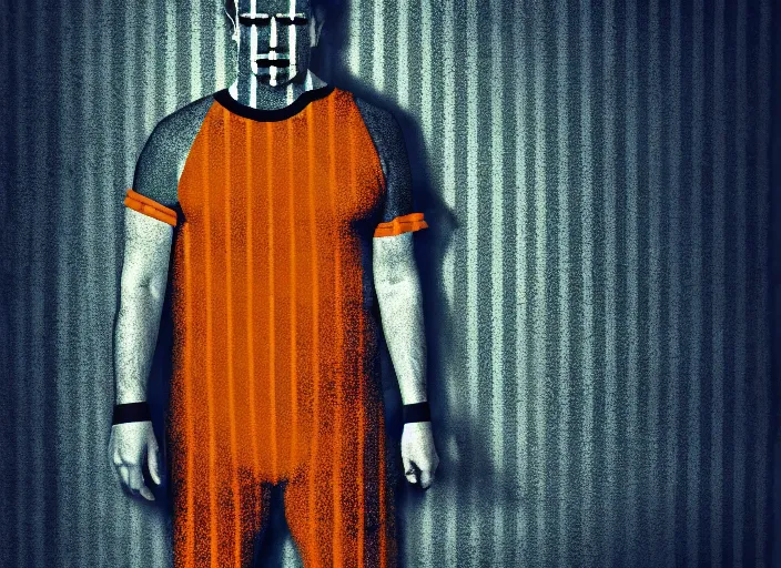 Prompt: Trump in striped prison outfit handcuffed, Mads Berg, Karolis Strautniekas,stippled light, dramatic lighting,fine texutre, editorial illustration,matte print, film noir, dark blue+dark orange+orange+beige+black+white,dynamic composition,moody