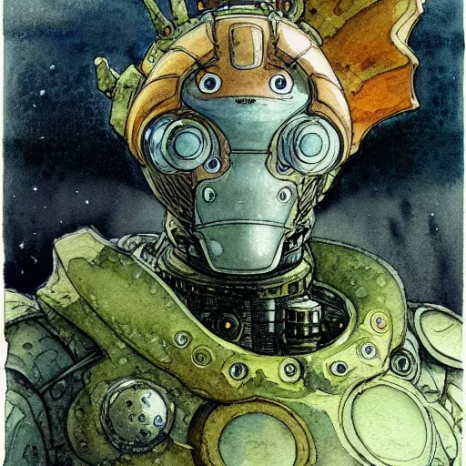 Image similar to a realistic and atmospheric watercolour fantasy character concept art portrait of a mechanized android turtle as a druidic warrior wizard looking at the camera with an intelligent gaze, very muted colors, by rebecca guay, michael kaluta, charles vess and jean moebius giraud