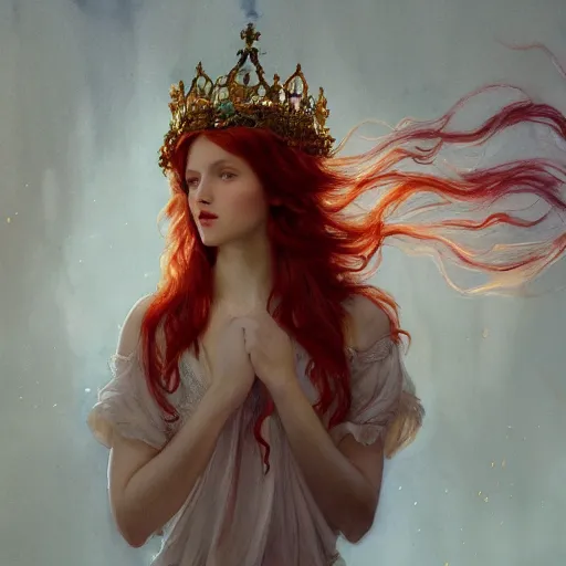 Image similar to beautiful watercolor painting of a young red hair woman wearing a crown of long golden fish, intricate, elegant, highly detailed, digital painting, artstation, concept art, smooth, sharp focus, art by krenz cushart and artem demura and alphonse mucha, dynamic lighting, ultrarealistic, cinematic, octane render, 8 k