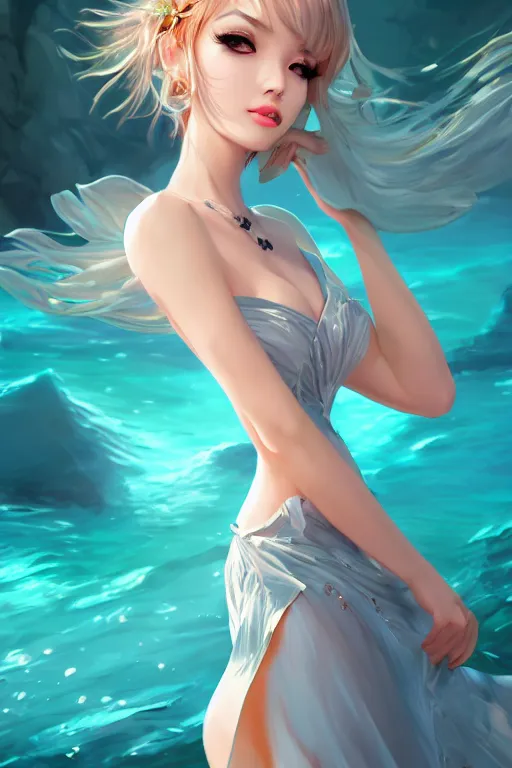 Image similar to a beautiful fashion goddness of love, chic strapless dress, tropical sea background, character design, in the style of artgerm, and wlop, cinematic lighting, hyperdetailed, 8 k realistic, symmetrical, global illumination, radiant light, frostbite 3 engine, cryengine, dof, trending on artstation, digital art