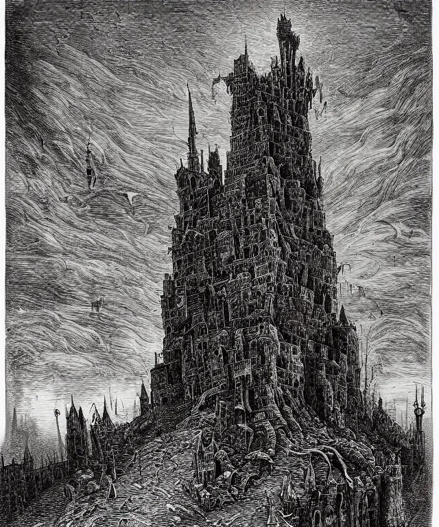 Prompt: a black and white illustration of a spindly wizard's tower rising up from mordheim, the city of the damned by ian miller, gustave dore, john blanche, albrecht durer, gustave dore, highly detailed, storybook illustration, surrealism, inspired by hieronymus bosch, ink on paper