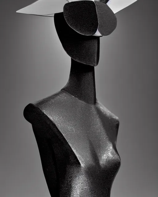 Prompt: mannequin of shadows, wearing a shiny party dress, by Yohji Yamamoto and Man Ray