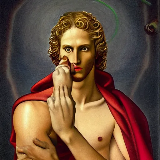 Image similar to Oil canvas of Lucifer, ruler of Inferno, capital sin of Pride, Superbia, natural blonde gold like hair, intricate sophisticated well rounded face, good bone structure, bright glowing eyes as LEDs and neon, Lean Body, porcelain looking skin, attractive and good looking, tall, invincible, poses triumphantly stance over the remains of Heaven, by Michelangelo, Caravaggio, Alphonse Mucha, Michael Whelan, William Adolphe Bouguereau, John Williams Waterhouse, and Donato Giancola, Dark Fantasy mixed with Socialist Realism, exquisite art, art-gem, dramatic representation, hyper-realistic, atmospheric scene, cinematic, trending on ArtStation, photoshopped, deep depth of field, intricate detail, finely detailed, small details, extra detail, attention to detail, detailed picture, symmetrical, 2D art, digital art, golden hour, oil painting, 8k, 4k, high resolution, unreal engine 5, octane render, arnold render, 3-point perspective, polished, complex, stunning, breathtaking, awe-inspiring, award-winning, ground breaking, concept art, nouveau painting masterpiece