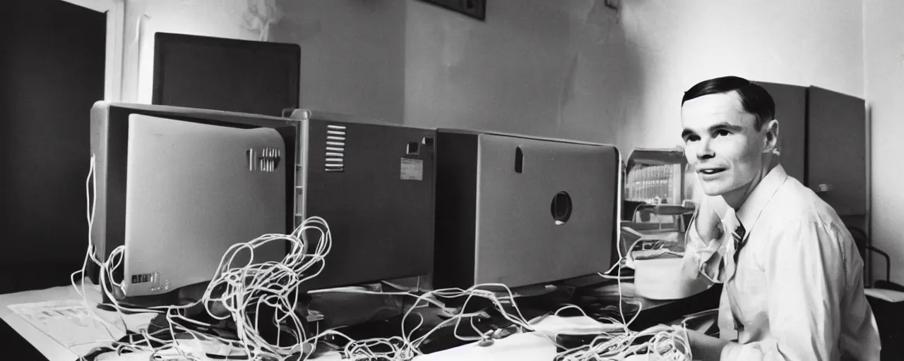 Image similar to alan turing proudly standing in front of his computer made out of spaghetti, canon 5 0 mm, cinematic lighting, photography, retro, film, kodachrome