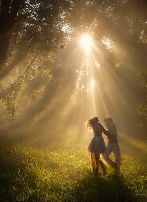 Image similar to misty swamp, hazy fog, sundown golden hour, early morning dance, smile, fireflies and sparkling wisps, rainbow sun rays through trees, Lilia Alvarado, Sophie Anderson, Mark Arian, Bob Byerley, Charlie Bowater, Mark Brooks, Steve Henderson, Justin Gerard, Arthur Hughes, Edward Robert Hughes, Mark Keathley, Victor Nizovtsev, Carlos Shwabe, Ross Tran, WLOP