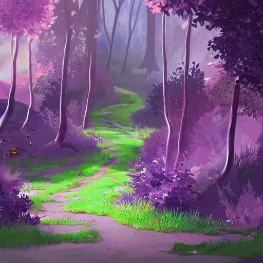 Image similar to wispy woods with purple leaves and otherworldly foliage, a dirt path going down the middle, concept art, detailed, vivid, intricate, 4 k