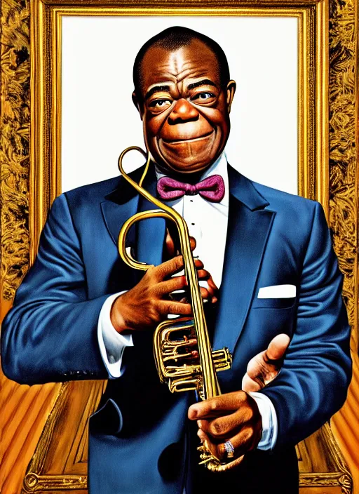 Image similar to a portrait of louis armstrong holding a white handkerchief, by kehinde wiley, dramatic lighting, highly detailed digital painting