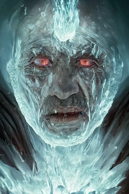 Image similar to the look of an elderly person, necromancer, witch - doctor covered with ice exploding into fire, full of wrinkles and imperfections by artgem and greg rutkowski, highly detailed, high contrast, light reflection, trippy, nebula, trending on artstation