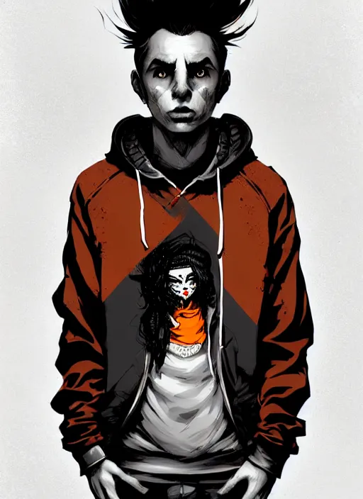 Image similar to highly detailed portrait of a sewer punk ricardo milos, tartan hoody, ringlet hair by atey ghailan, by greg rutkowski, by greg tocchini, by james gilleard, by joe fenton, by kaethe butcher, gradient orange, black, cream and white color scheme, grunge aesthetic!!! ( ( graffiti tag wall background ) )