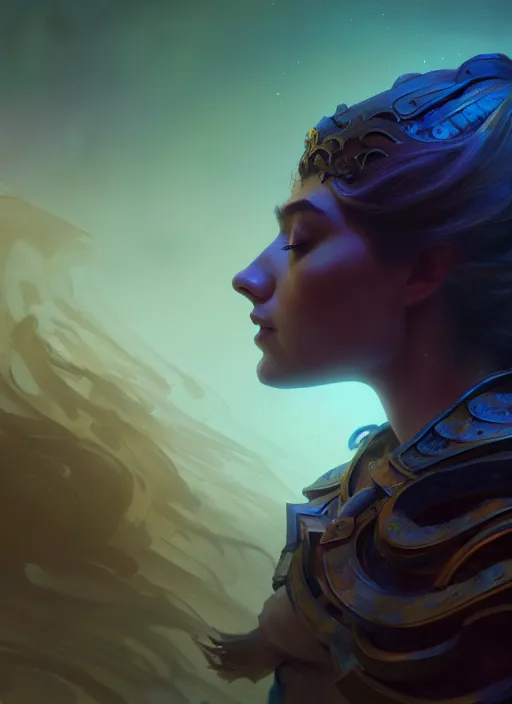 Image similar to side portrait, imogen poots, paladin, fantasy, gloomhaven, luminescent, organic painting, matte painting, bold shapes, hard edges, gaudy colors, octane render, unreal engine, by greg manchess, huang guangjian, greg rutkowski, jesper ejsing, magali villeneuve, jeremy lipkin, artgerm