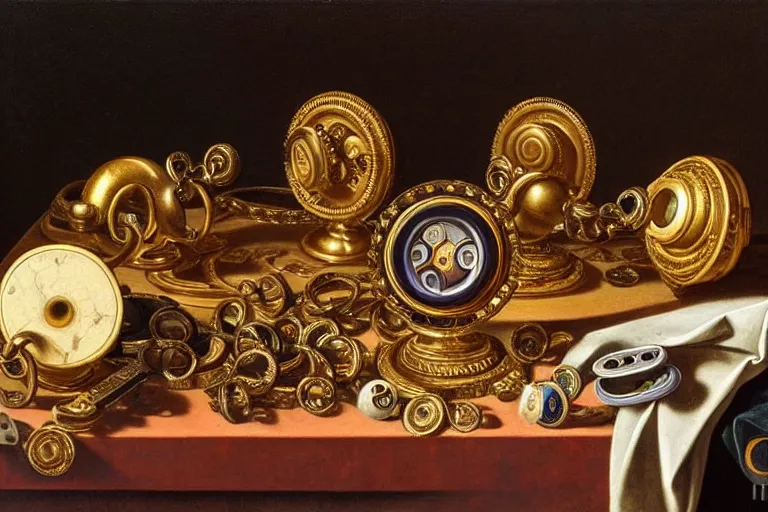 Image similar to inspiring renaissance still life of fidget spinners on an antique dresser, intricate, ornate, highly detailed fidget spinners, natural light, golden hour, oil painting by caravaggio