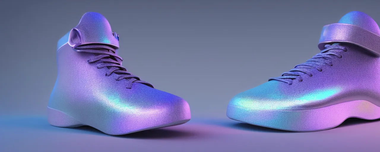 Prompt: a hight tech, iridescent sneaker made by kayne, octane render, high details, soft light