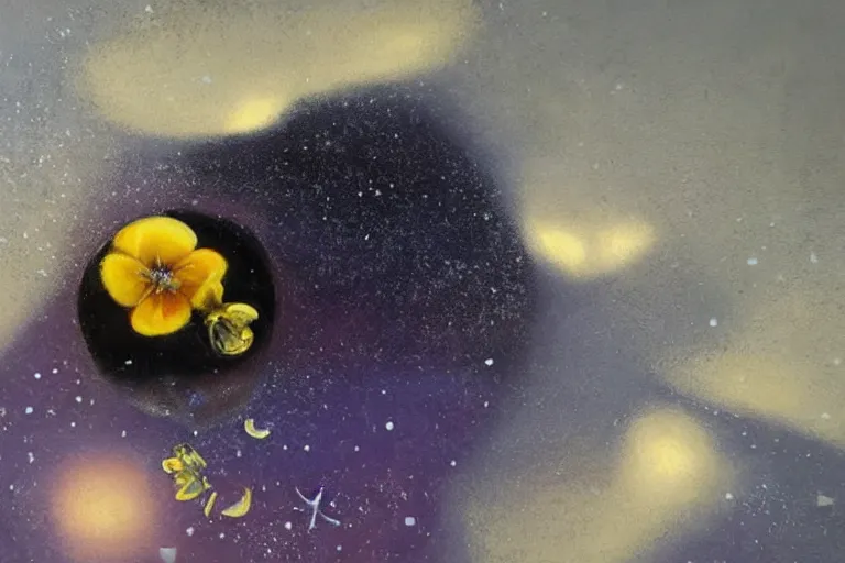 Prompt: hyperrealism oil painting, close - up ice cube with black flowers and fireflies, gradient mixed with nebula sky, in style of baroque