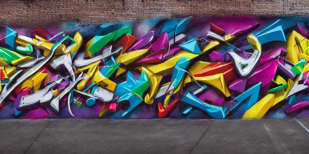 Image similar to ' zark '!!!!!!! 3 d graffiti, arrows, paint drips, extreme wide angle, gradients, full mural, octane render 3 d, 4 k, highly defailed