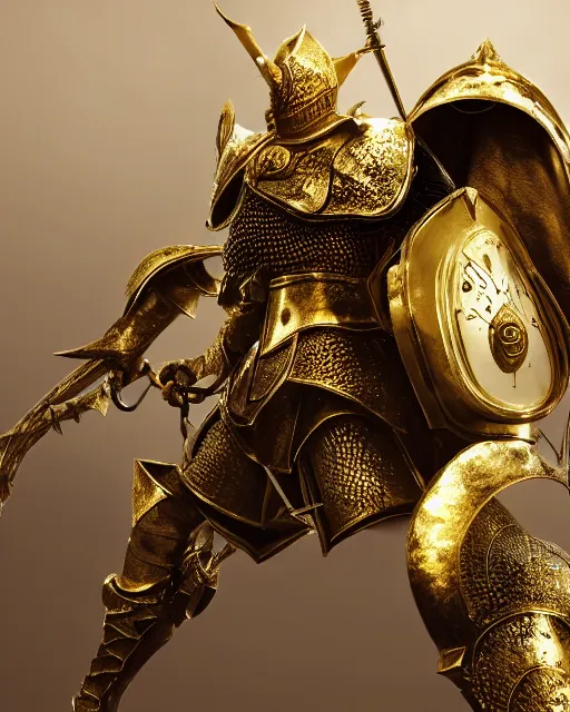 Prompt: render of A baroque gold knight, wearing a gold set of armor with a skull helmet, hyper realistic, unreal, craig mullins, alex boyd, lord of the rings, game of thrones, dark souls, skyrim, dragon age, artstation, cinematic shot, warhammer, dungeons and dragons