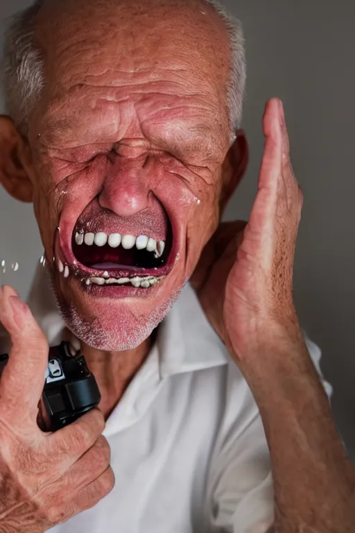 Image similar to an old man spitting out his dentures violently in slow motion, 1 0 0 0 fps, canon 5 d, zeiss prime 3 5 mm