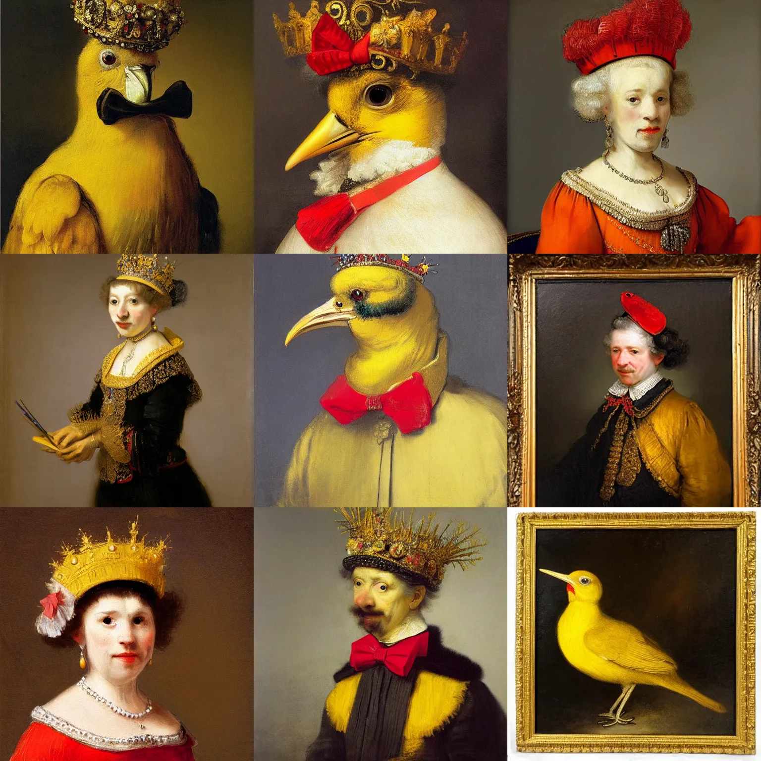 Prompt: an elegant royal yellow bird wearing a crown and a red bow tie by rembrandt, oil painting, high quality