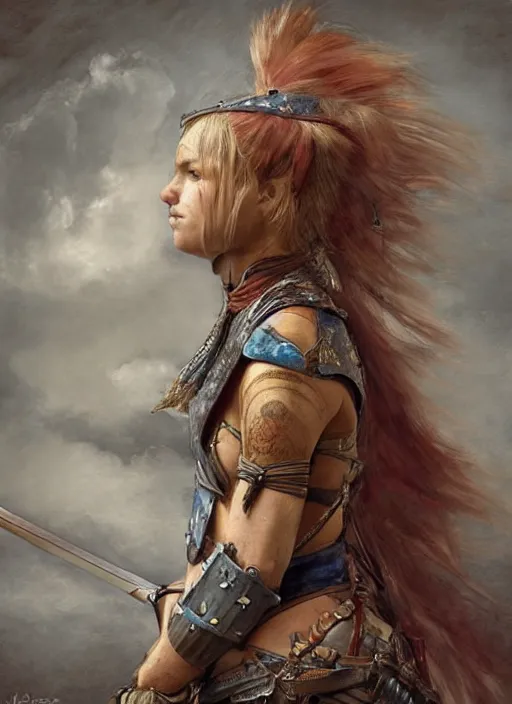 Image similar to hyper realistic photo of medieval beautiful warrior girl, full body, rule of thirds, conceptart, saturated colors, jean baptiste monge