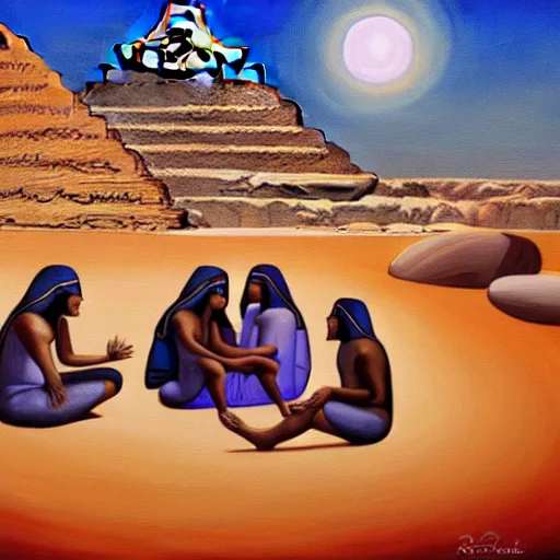 Prompt: a painting of a group of people sitting on rocks, a surrealist painting by abdullah gerguri, cg society, neo - primitivism, fractalism, egyptian art, artstation