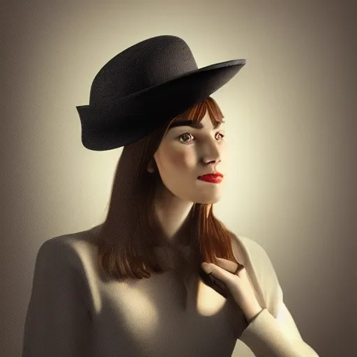 Image similar to portrait of a woman wearing a bowler hat, digital art, realistic lighting and shadows, subsurface scattering.