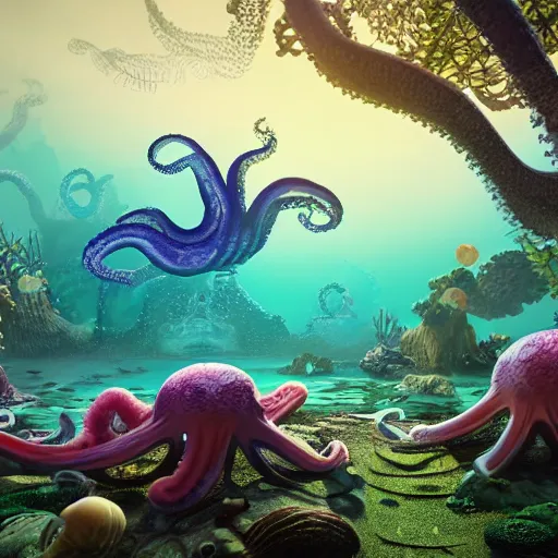 Prompt: an octopus'garden, under the sea, in the shade. trending on cgsociety and artstation, happy atmosphere, george harrison vibe, unreal engine, 4 k wallpaper