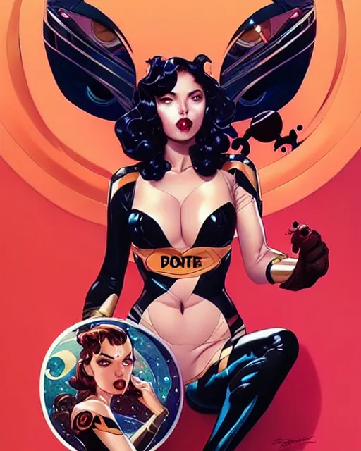 Image similar to artgerm, joshua middleton and sandra chevrier comic cover art, full body betty page as pretty female space pirate, symmetrical eyes, long curly hair, beautiful, rim lighting, vivid colors