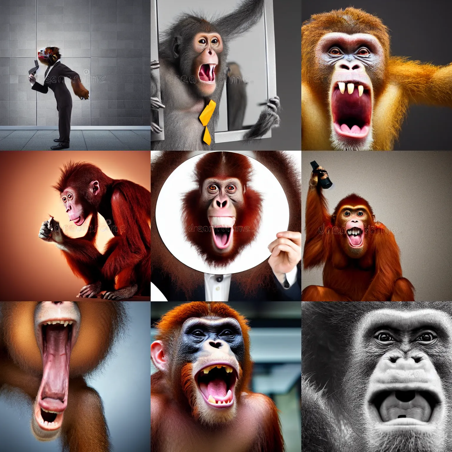 Prompt: screaming business monkey screaming in a business suit orangutan, wearing a suit, holding a briefcase, screaming angry, mirror, angry at mirror, photograph 5 5 mm zeiss f / 4 award winning photograph stock photo, film still by denis villeneuve