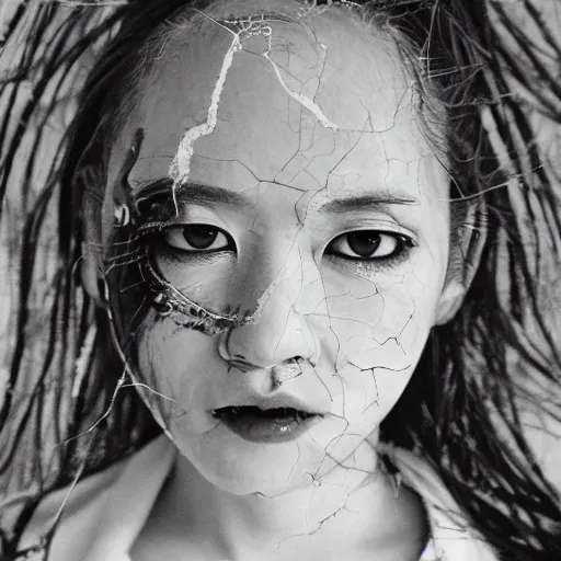 Prompt: yoshitaka amano realistic photo of an anime girl with black eyes, wavy white hair and cracks on her face wearing dress suit with tie fluttering in the wind, abstract black and white patterns on the background, cross earring, noisy film grain effect, highly detailed, closeup portrait shot, weird portrait angle