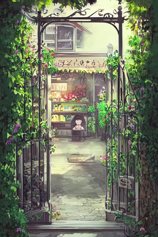 Image similar to a little flower shop's front gate, refreshing, digital illustration, pixiv, dramatic lighting