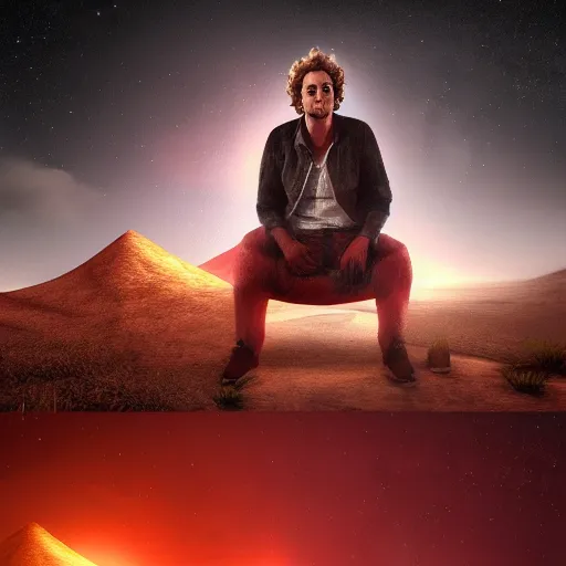 Prompt: gustavo cerati sitting on the red moon, digital art, matte painting, render unreal engine, highly detailed, perfect assymetric