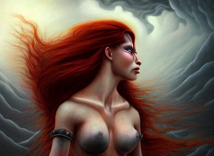 Image similar to realistic detailed image of a female Amazon warrior auburn hair blowing in an angry, stormy mountain top, anime art, anime, inspired by Mark Ryden and H.R. Giger and Zdzislaw Beksinski, gothic, rich deep colors. A masterpiece.