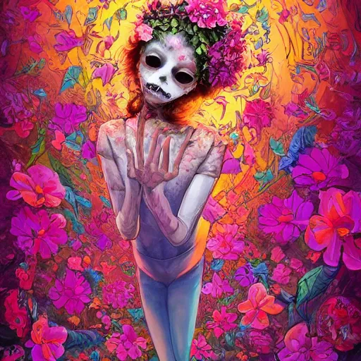 Prompt: a painting of a beatiful young zombie girl doing ballet with a lot of flowers and plants on its head, poster art by android jones, behance contest winner, generativ line art, glowing, shallow depth of field, 5 0 mm, full body!! symmetry