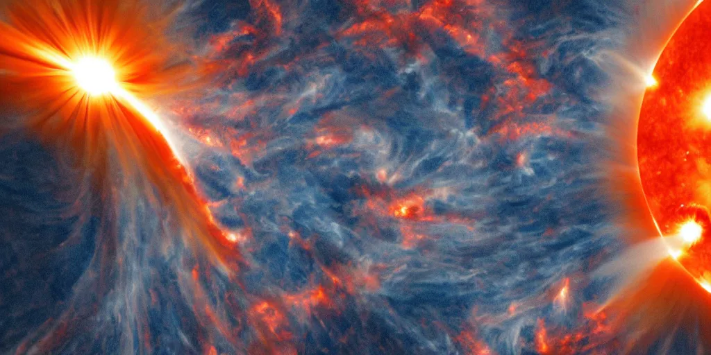 Image similar to The Sun spewing red and orange solar flares from its poles, distributing an enormous amount of energy, creating a superstorm that could catastrophically erupt the normality of space and time, satellite imagery, satellite visible light imagery, trending on artstation, 4k, 8k