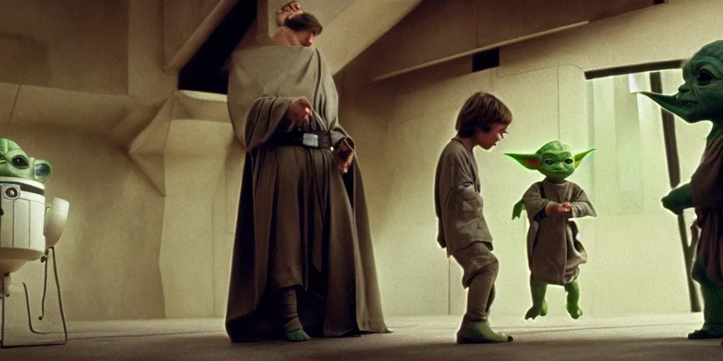 Image similar to screenshot of Luke Skywalker teaching baby yoda Grogu in a Jedi Temple, 1970s thriller by Stanely Kubrick film, color kodak, ektochrome, anamorphic lenses, detailed faces, moody cinematography