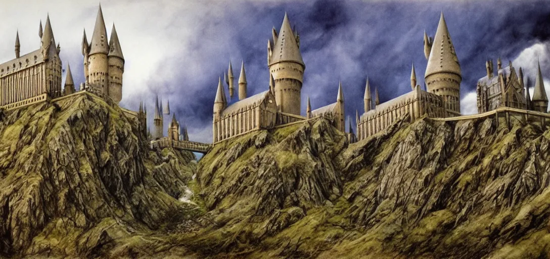 Image similar to Hogwarts landscape painted by Alan Lee