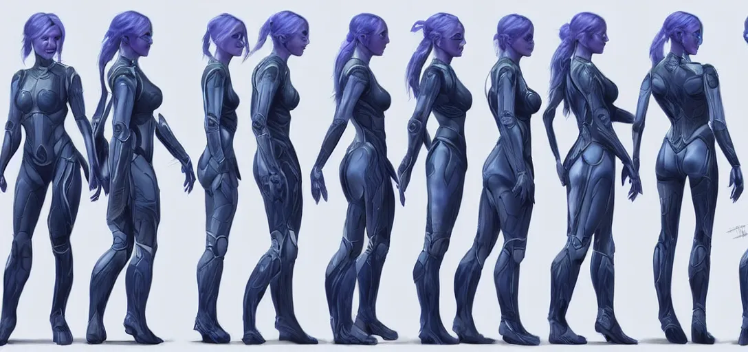 Image similar to character sheet concept art of cortana, realistic, hyper realistic, photographic, costume, by mcu concept artists