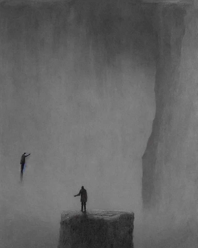 Image similar to Man in front of the cliff of death by beksinski