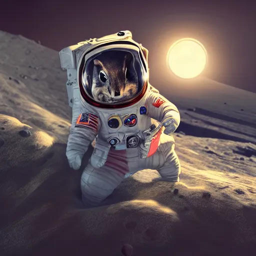 Image similar to an adorable chipmunk in an astronaut suit on the moon, warm lighting with cool shadows, digital painting, detailed, trending on artstation, in the style of dominik mayer thomas dubois, gaston bussiere, 8 k, octane render