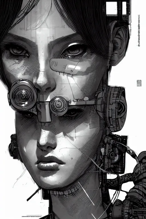 Image similar to a close - up portrait of a cyberpunk cyborg girl, by kim jung gi, rule of thirds