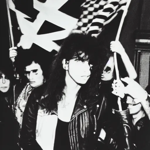 Image similar to 19-year-old girl wearing black leather jacket and denim jeans, New Wave of British Heavy Metal, 1981, Polaroid, crowd of longhairs, British flag, concert