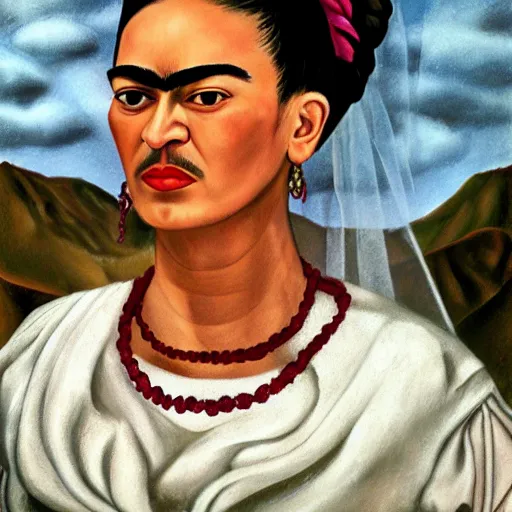 Image similar to Ultra realistic close-up of Frida Kahlo in a wedding dress rock climbing, hd