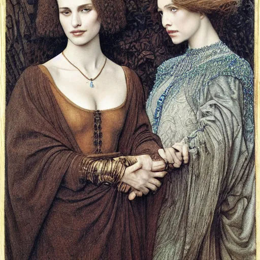 Prompt: full colour engraving portrait of natalie portman and scarlet johansson, by albrecht durer, jean delville, alphonse mucha, jan van eyck, da vinci